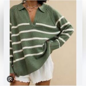 Aerie Green and White Striped Polo Sweater